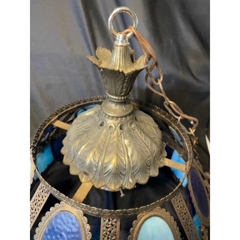Vintage Moroccan Mediterranean Blue Slag Glass Hanging Pendant Light Chandelier